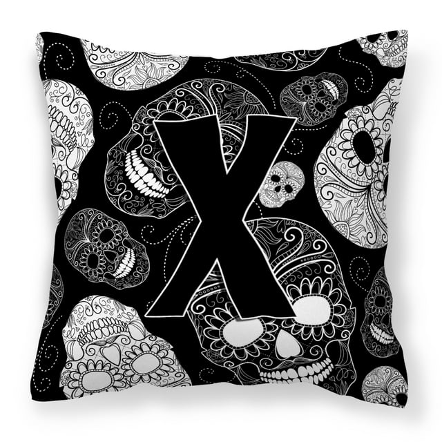 Monogram Letter Day of the Dead Skulls Black Fabric Decorative Pillow