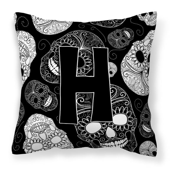 Monogram Letter Day of the Dead Skulls Black Fabric Decorative Pillow