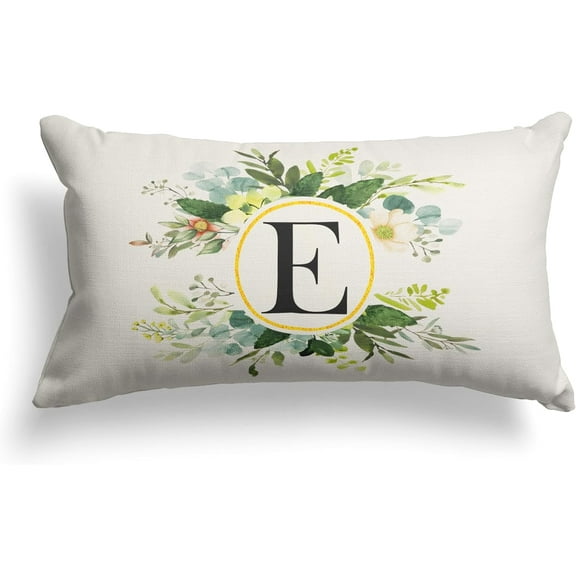 Monogram Letter E Throw Pillow Covers Floral 12x20 Inch, Greenery Spring Pillows Decorative Throw Pillows Pillowcase Summer Farmhouse Decor for Couch Sofa, Family Last Name Initial Pillow Case