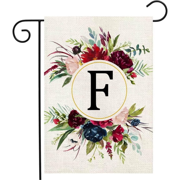 Monogram Letter F Garden Flags, Summer Garden Flag 12x18 Double Sided Floral Yard Flags Small Burlap Family Last Name Initial Garden Flag for Outside Decorations (F)