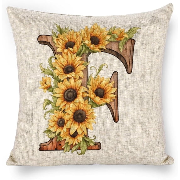Monogram Letter F Summer Sunflower Pillow Covers, Floral Decorative Initial 18x18 Inch Throw Pillows for Girls Kids Home Farmhouse Last Name Pillow Case for Sofa Couch Decor
