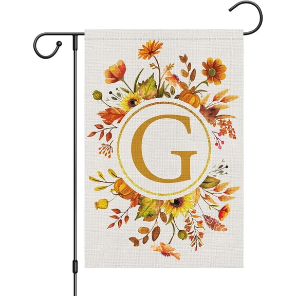 Monogram Letter G Fall Initial Garden Flag 12x18 Double Sided Burlap, Small Vertical Welcome Floral Sunflower Family Last Name Flag Outdoor Outside Decoration (ONLY FLAG)