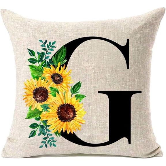Monogram Letter G Sunflower Pillow Covers 18x18 Inch,Spring Decor Throw Pillow Case Cushion Cover Summer Farmhouse Decor for Couch Sofa,Family Last Name Initial Pillow Case,Home Decorations