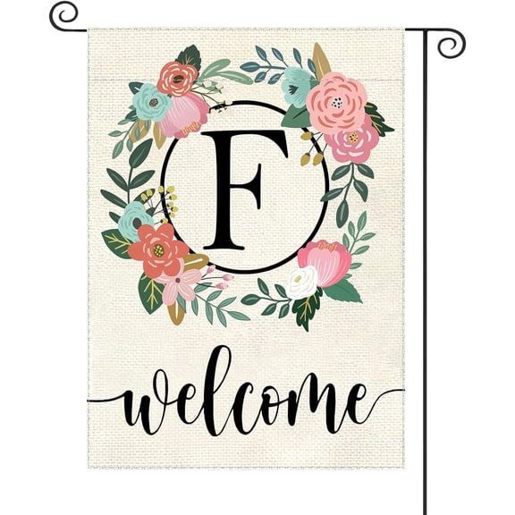 Monogram Letter Garden Flag Floral Design 12x18 Inch Double Sided Burlap Small Outdoor Yard Flag With Family Last Name Initial F