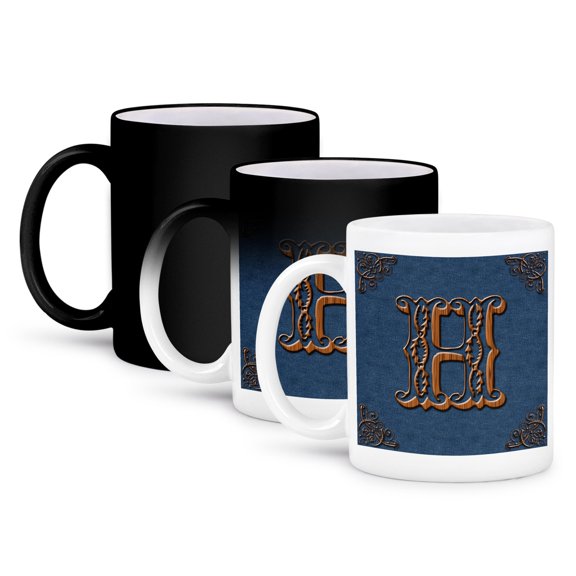 3dRose, Monogram letter H in Victorian Western font that looks like carved oak wood on a denim background., 11oz Magic Transforming Mug