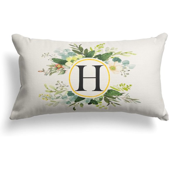 Monogram Letter H Throw Pillow Covers Floral 12x20 Inch, Greenery Spring Pillows Decorative Throw Pillows Pillowcase Summer Farmhouse Decor for Couch Sofa, Family Last Name Initial Pillow Case