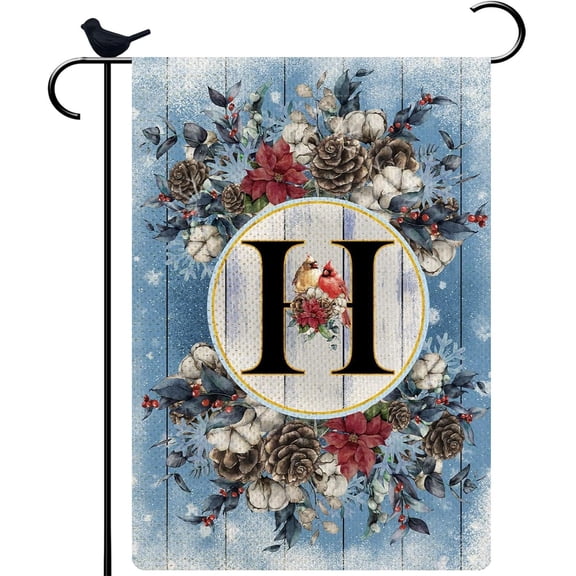 Monogram Letter H Winter Small Garden Flag Burlap Family Last Name Initial Yard Flag 12.5 x 18 Inch Snow Red Birds Floral Garden Flag Vertical Holiday Outdoor Farmhouse Decoration