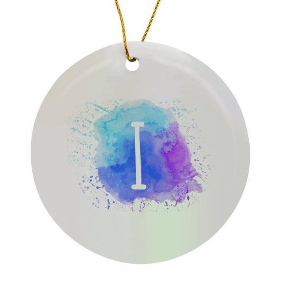 3drose, Monogram Letter I Inside a Teal, Blue, and Purple Paint Splash., Circle Porcelain Ornament