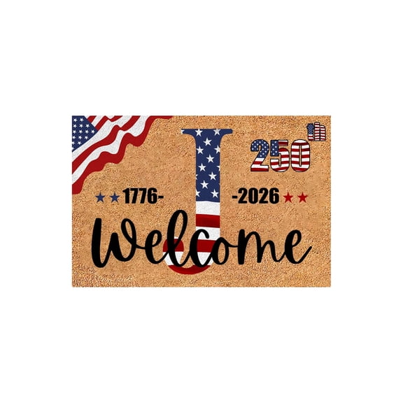 Monogram Letter J 1776-2026 250th American Independence Day Memorial Doormat, USA Flag Patriotic Welcome Rug with "Welcome" Script, for Front Door, Entryway, Indoor Outdoor Use