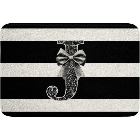 Monogram Letter J Bath Mat for Girls Black Kawaii Bow Doormat 16"X 24" Girly Princess Bowknot Non Slip Bath Rug for Kids Teens Adult Women Bathroom Modern Aesthetic Stripes Bathroom Rugs