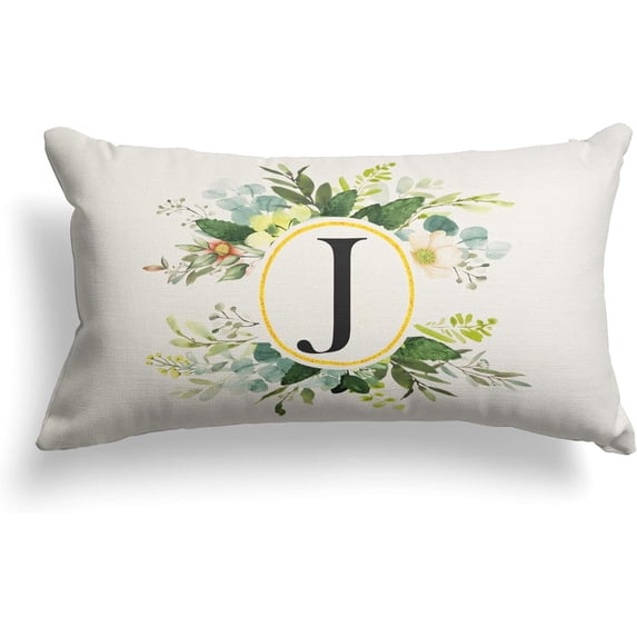 Monogram Letter J Throw Pillow Covers Floral 12x20 Inch, Greenery Spring Pillows Decorative Throw Pillows Pillowcase Summer Farmhouse Decor for Couch Sofa, Family Last Name Initial Pillow Case