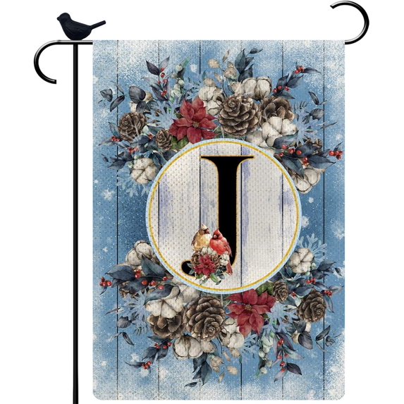 Monogram Letter J Winter Small Garden Flag Burlap Family Last Name Initial Yard Flag 12.5 x 18 Inch Snow Red Birds Floral Garden Flag Vertical Holiday Outdoor Farmhouse Decoration
