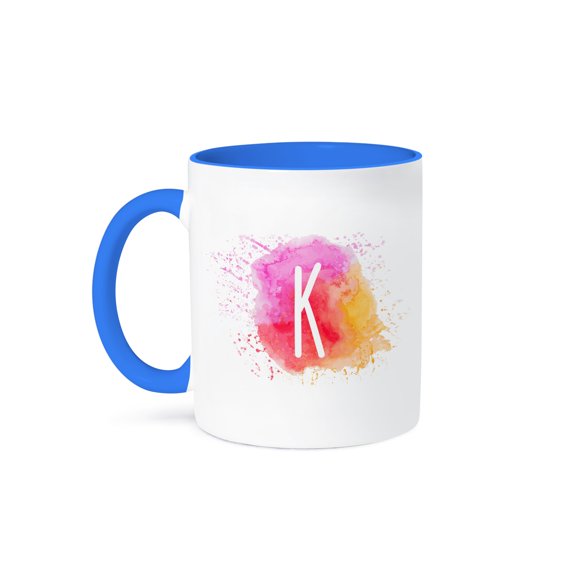 3drose, Monogram Letter K Inside a Pink, Red, and Yellow Paint Splash., 11oz Two-tone Blue Mug