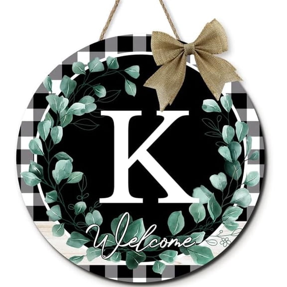 Monogram Letter K Sign for Front Door Round Wood Welcome Wreaths Buffalo Plaid Floral Family Last Name Initial House Warming Decor Spring Summer Wreath for Porch Rustic Wall Decor