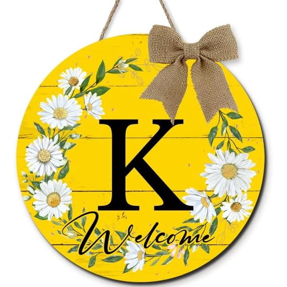 Monogram Letter K Sign for Front Door Round Wood Welcome Wreaths, Daisy Floral Family Last Name Initial House Warming Decor Spring Summer Wreath for Porch Wall Home Decor