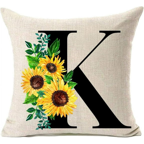 Monogram Letter K Sunflower Pillow Covers 18x18 Inch,Spring Decor Throw Pillow Case Cushion Cover Summer Farmhouse Decor for Couch Sofa,Family Last Name Initial Pillow Case,Home Decorations