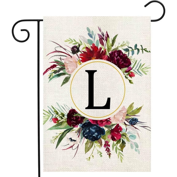 Monogram Letter L Garden Flags, Summer Garden Flag 12x18 Double Sided Floral Yard Flags Small Burlap Family Last Name Initial Garden Flag for Outside Decorations(L)