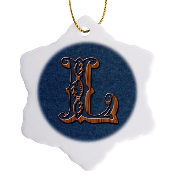 3drose, Monogram Letter L in Victorian Western Font That Looks like Carved Oak Wood on a Denim Background., 3 inch Snowflake Porcelain Ornament