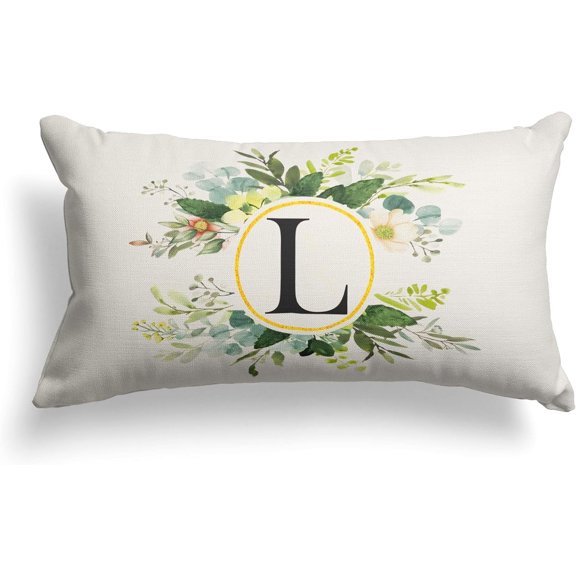Monogram Letter L Throw Pillow Covers Floral 12x20 Inch, Greenery Spring Pillows Decorative Throw Pillows Pillowcase Summer Farmhouse Decor for Couch Sofa, Family Last Name Initial Pillow Case