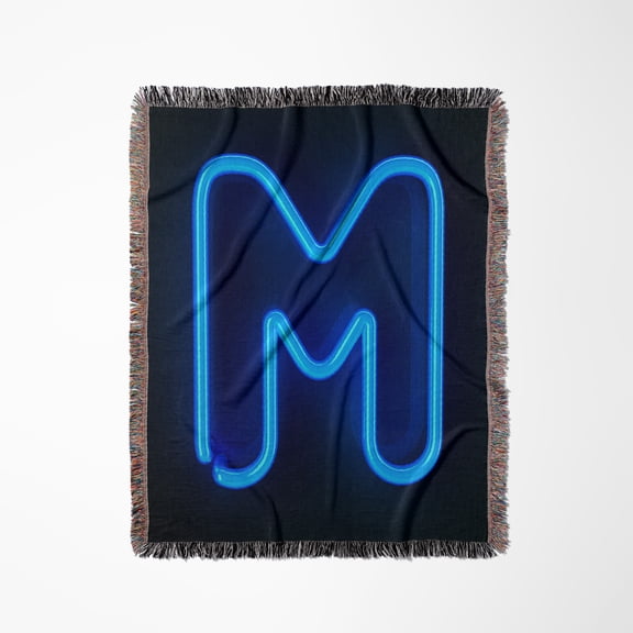 Monogram Letter M Abstract Neon Blue Lit Shining Illuminated, Woven Blanket