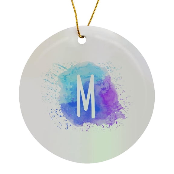 3drose, Monogram Letter M Inside a Teal, Blue, and Purple Paint Splash., Circle Porcelain Ornament