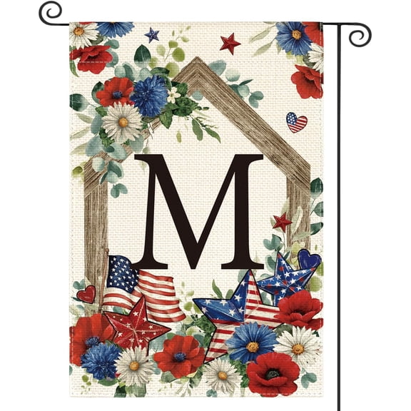 Monogram Letter M Patriotic Garden Flag, Double Sided Floral Outdoor Yard Decoration, 12 x 18 Inch
