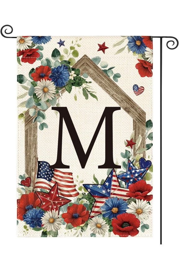 Monogram Letter M Patriotic Garden Flag, Double Sided Floral Outdoor Yard Decoration, 12 x 18 Inch