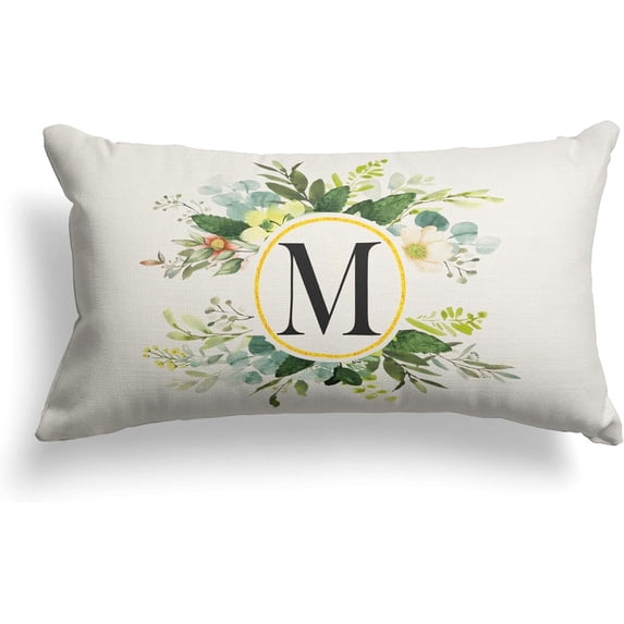 Monogram Letter M Throw Pillow Covers Floral 12x20 Inch, Greenery Spring Pillows Decorative Throw Pillows Pillowcase Summer Farmhouse Decor for Couch Sofa, Family Last Name Initial Pillow Case