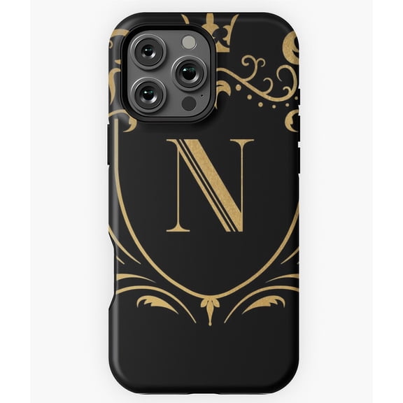 Monogram Letter N Gold Initial Emblem Phone Case for iPhone 16 15 14 13 12 11 Pro Max