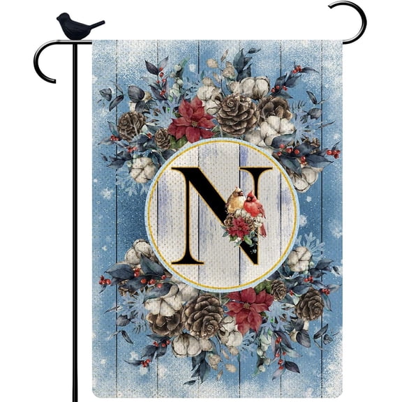 Monogram Letter N Winter Small Garden Flag Burlap Family Last Name Initial Yard Flag 12.5 x 18 Inch Snow Red Birds Floral Garden Flag Vertical Holiday Outdoor Farmhouse Decoration