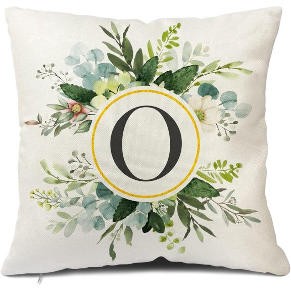 Monogram Letter O Throw Pillow Covers Floral 18x18 Inch, Greenery Spring Pillows Decorative Throw Pillows Pillowcase Summer Farmhouse Decor for Couch Sofa, Family Last Name Initial Pillow Case