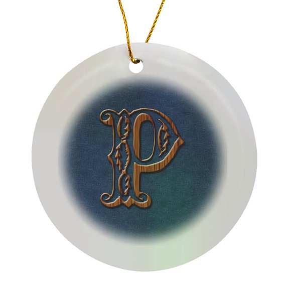 3drose, Monogram Letter P in Victorian Western Font That Looks like Carved Oak Wood on a Denim Background., Circle Porcelain Ornament