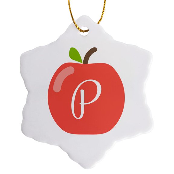 3drose, Monogram Letter P Inside a Red Apple on a White Background., 3 inch Snowflake Porcelain Ornament