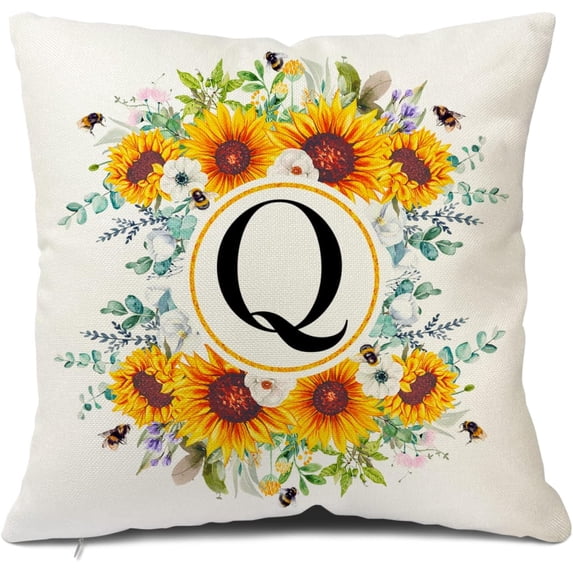 Monogram Letter Q Summer Sunflower Throw Pillow Covers 18x18 Inch, Floral Bee Pillows Covers Decorative Family Last Name Initial Throw Pillowcase Decor for Couch Sofa