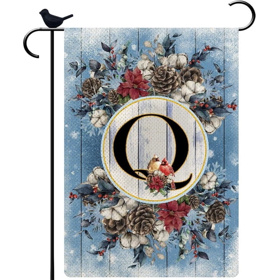 Monogram Letter Q Winter Small Garden Flag Burlap Family Last Name Initial Yard Flag 12.5 x 18 Inch Snow Red Birds Floral Garden Flag Vertical Holiday Outdoor Farmhouse Decoration