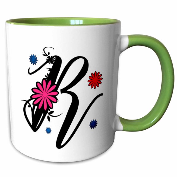 3drose, Monogram Letter R Fancy Swirly Font and Flowers, 15oz Two-tone Green Mug
