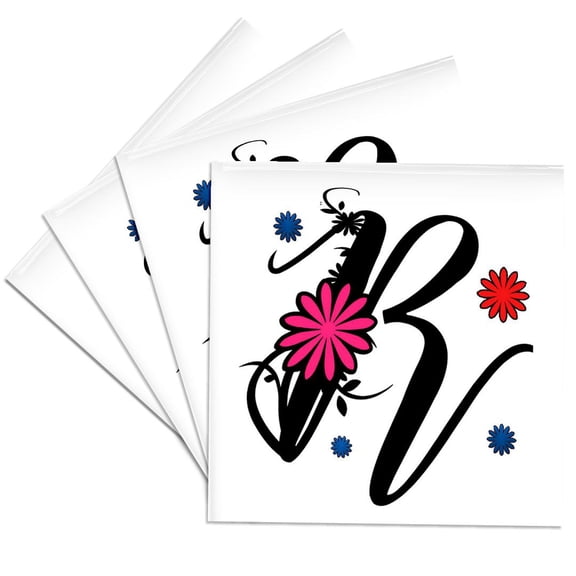 3drose, Monogram Letter R Fancy Swirly Font and Flowers, Set of 4 Ceramic Tile Coasters