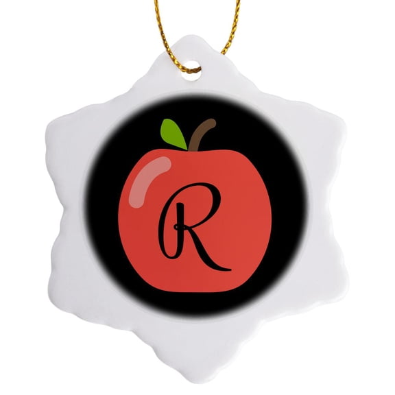 3drose, Monogram Letter R Inside a Red Apple on a Black Background., 3 inch Snowflake Porcelain Ornament