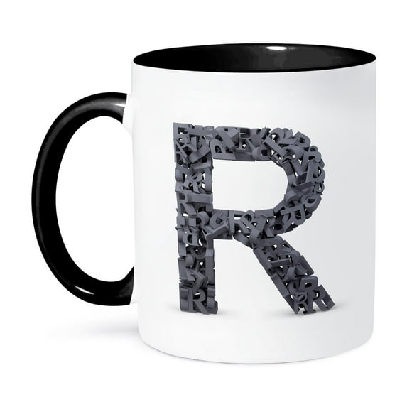 3dRose, Monogram Letter R made out of many Rs, 15oz Two-Tone Black Mug