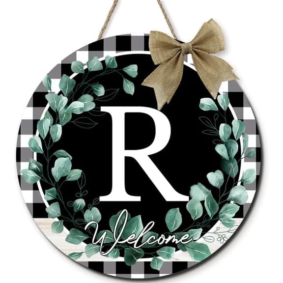 Monogram Letter R Sign for Front Door Round Wood Welcome Wreaths Buffalo Plaid Floral Family Last Name Initial House Warming Decor Spring Summer Wreath for Porch Wall Home Decor