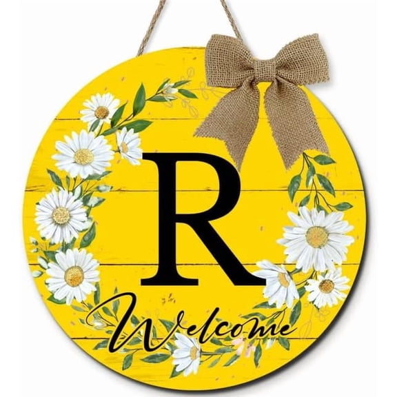 Monogram Letter R Sign for Front Door Round Wood Welcome Wreaths, Daisy Floral Family Last Name Initial House Warming Decor Spring Summer Wreath for Porch Wall Home Decor