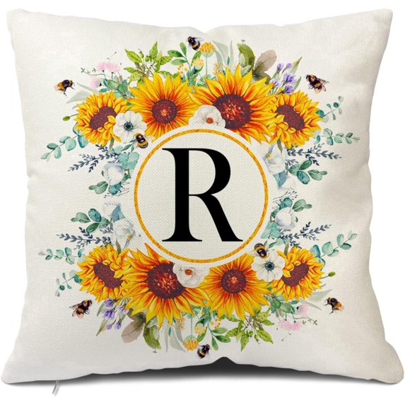 Monogram Letter R Summer Sunflower Throw Pillow Covers 18x18 Inch, Floral Bee Pillows Covers Decorative Family Last Name Initial Throw Pillowcase Decor for Couch Sofa