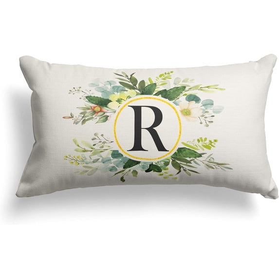 Monogram Letter R Throw Pillow Covers Floral 12x20 Inch, Greenery Spring Pillows Decorative Throw Pillows Pillowcase Summer Farmhouse Decor for Couch Sofa, Family Last Name Initial Pillow Case