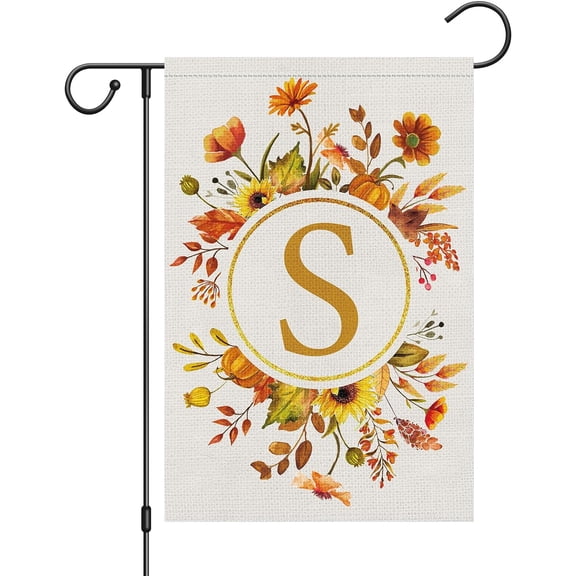 Monogram Letter S Fall Initial Garden Flag 12x18 Double Sided Burlap, Small Vertical Welcome Floral Sunflower Family Last Name Flag Outdoor Outside Decoration (ONLY FLAG)