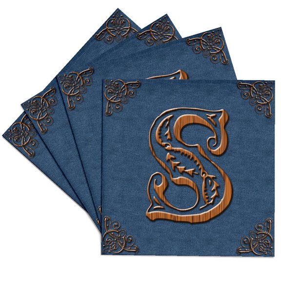 Monogram Letter S In Victorian Western Font That Looks Like Carved Oak Wood On A Denim Background., set of 4 Ceramic Tile Coasters