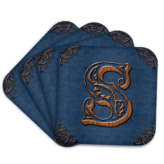Monogram Letter S In Victorian Western Font That Looks Like Carved Oak Wood On A Denim Background., set of 4 Coasters - Soft