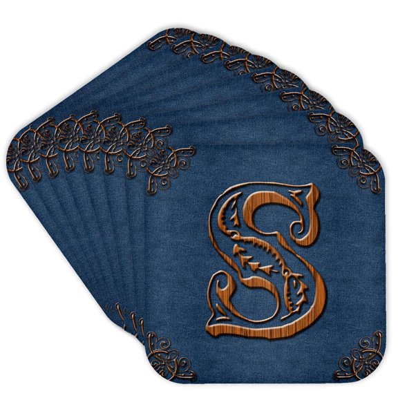 Monogram Letter S In Victorian Western Font That Looks Like Carved Oak Wood On A Denim Background., set of 8 Coasters - Soft