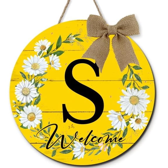 Monogram Letter S Round Wood Wreaths Wall Hanging Sign, Daisy Floral Family Last Name Initial House Warming Decor Spring Summer Wreath for Porch Wall Home Decor