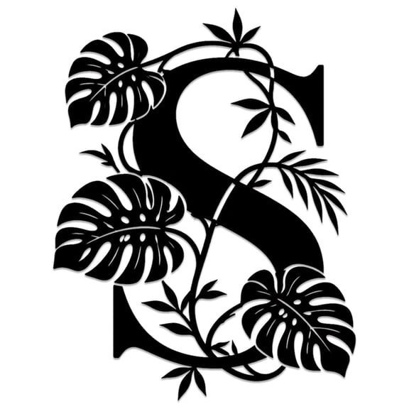 Monogram Letter S Tropical Monstera Leaves Metal Wall Art WallArt Decor Metal Signs Metal Outdoor Decor Boho Minimalist Aesthetic Artwork Wall Sculpture Exquisite Home Decoration Living Room