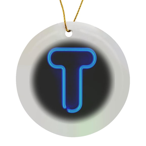 Monogram Letter T Abstract Neon Blue Lit Shining Illuminated, Circle Porcelain Ornament